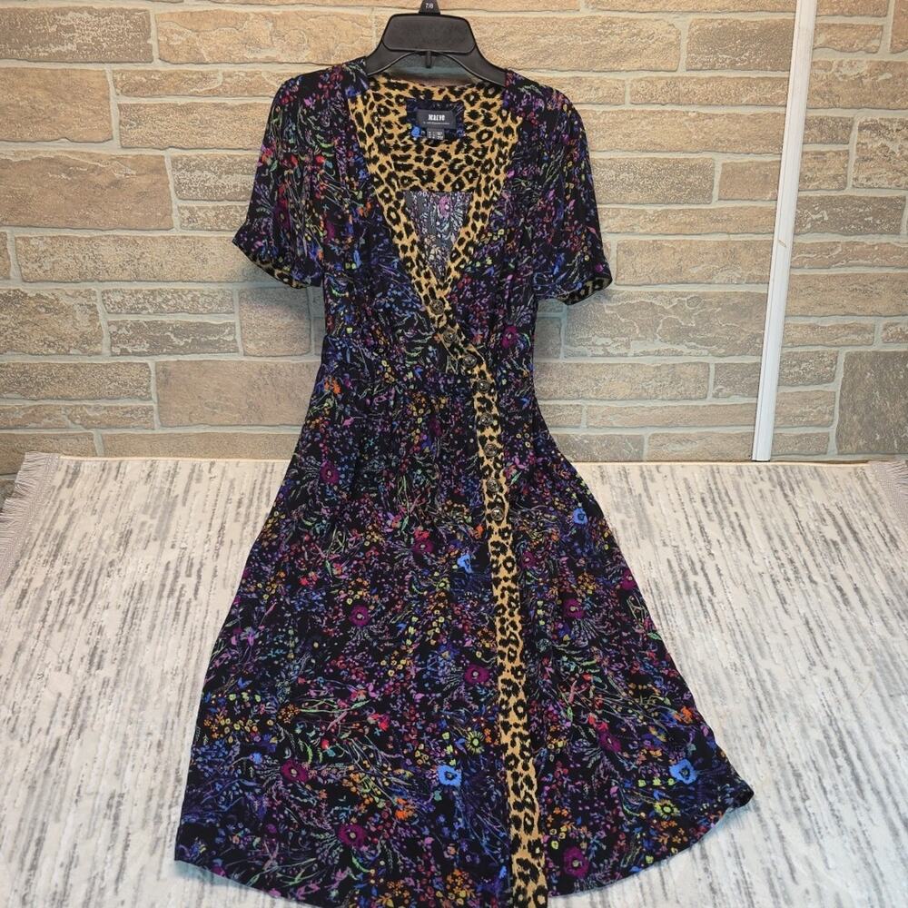 Anthropologie Maeve Floral Leopard Dress Faux Wrap Morgan Midi Sz 0 - Picture 4 of 12